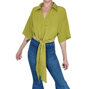 NWT H&M Lime Green Cropped Front Tie Retro Blouse